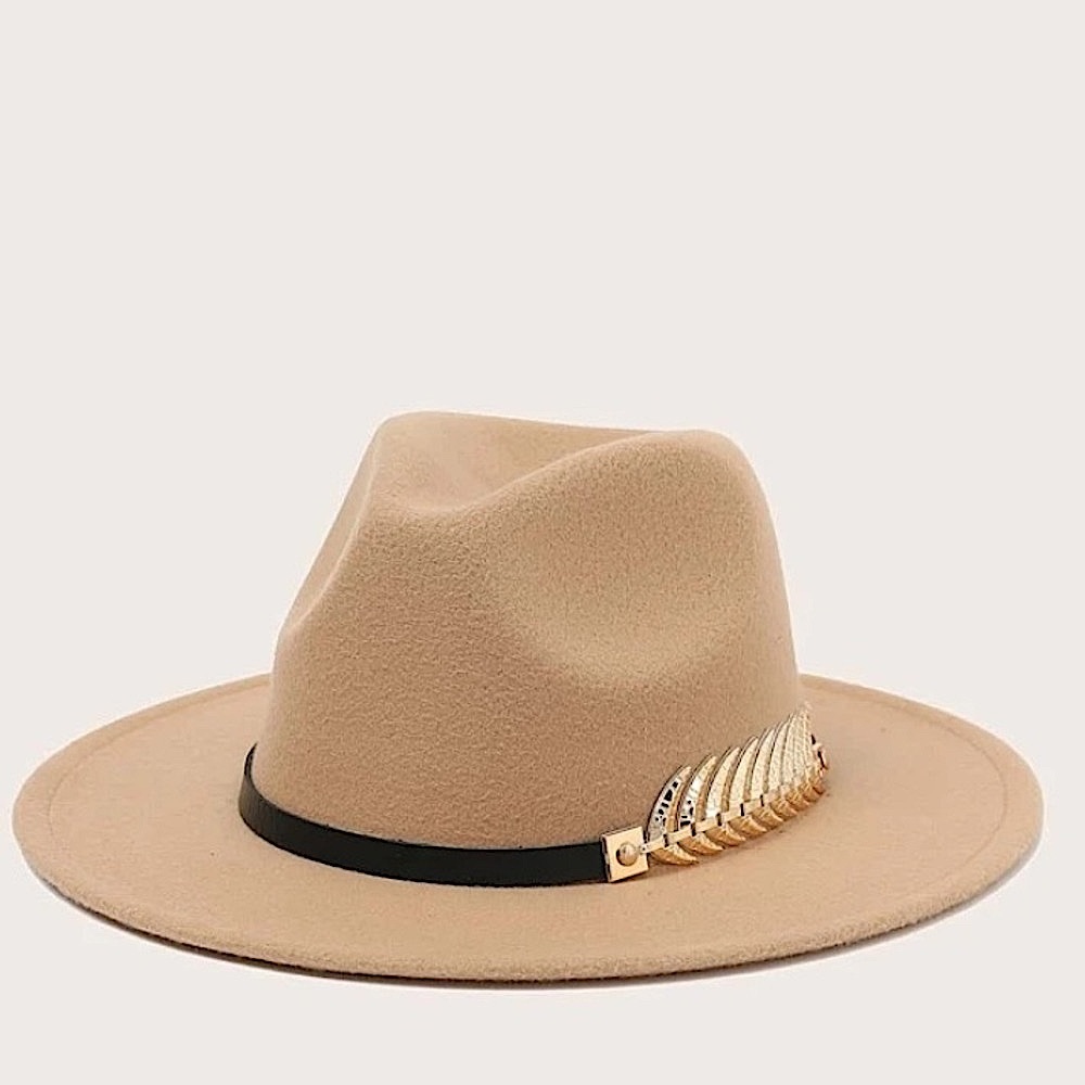 Wide Brim Gold Feather Accent Belted Hat
